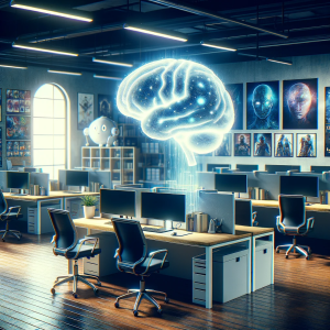 A symbolic image representing the impact of AI on the video game development industry without depicting people. The scene features an empty, modern office with a holographic brain symbolizing AI above.