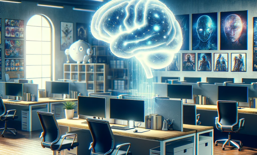 A symbolic image representing the impact of AI on the video game development industry without depicting people. The scene features an empty, modern office with a holographic brain symbolizing AI above.