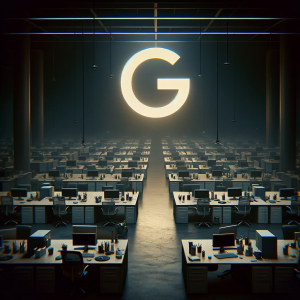 A somber, respectful image representing job cuts at Google. The image features the iconic Google 'G' logo in the center, surrounded by a dimly lit, emblem of Google