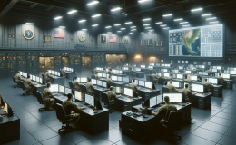 A depiction of generative AI being used in a military base, specifically inside a control room. This an AI-generated image to depict OpenAI's change to its policy on military applications of its tech.