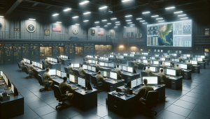 A depiction of generative AI being used in a military base, specifically inside a control room. This an AI-generated image to depict OpenAI's change to its policy on military applications of its tech.