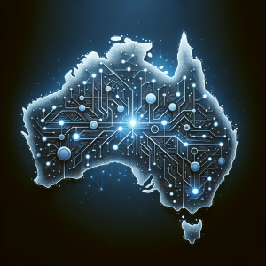 Image of the concept of Australia contemplating AI regulation. A symbolic representation of the map of Australia Australia with connected wires running through it