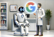 Futuristic AI medical robot doctor interacting with a human patient in a modern digital healthcare environment, with the Google logo subtly in the background.