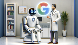 Futuristic AI medical robot doctor interacting with a human patient in a modern digital healthcare environment, with the Google logo subtly in the background.