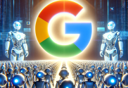 A visualization of Google search maintaining dominance in the search market despite competition from AI chatbots. The Google 'G' logo stands above a crowd of small robots who look towards it in the shadows.