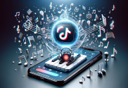Smartphone displaying TikTok app with new AI Song feature, surrounded by musical notes and AI symbols.