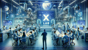 Futuristic lab with diverse scientists and engineers working on advanced projects, representing Alphabet's X Lab, despite recent layoffs.