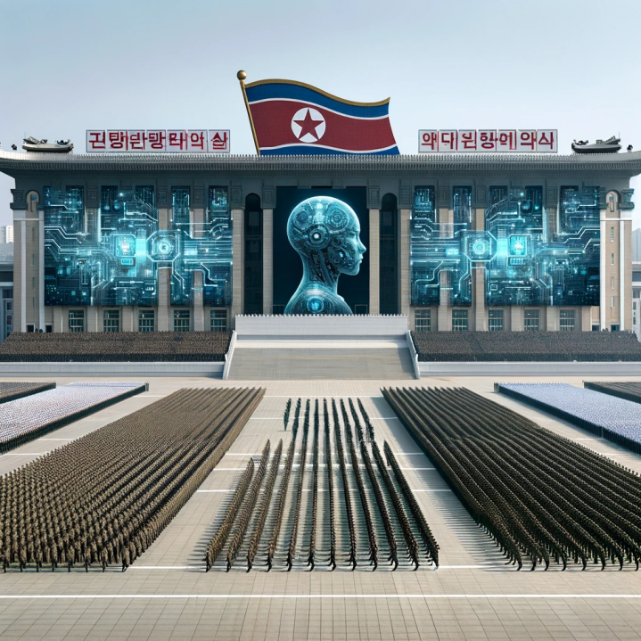 An AI generated image of a large parade square with hundreds of soldiers marching under a North Korea flag while a holographic head, meant to represent, AI, is above