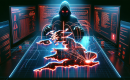 This image is a digital AI-generated concept art depicting an AI driven malware attack targeting the UK. A hooded figure stands in front of a holographic projection of a map of the UK. Red lines are all over the map indicating a virus spread.