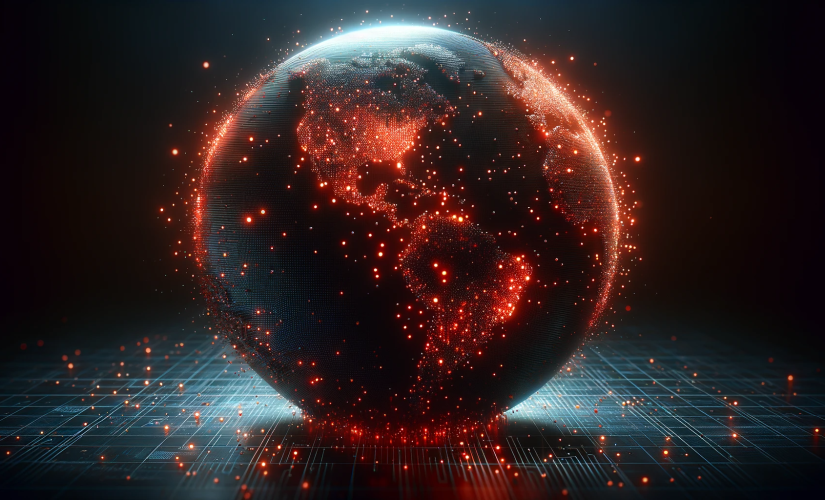A conceptual digital artwork representing the significant increase in cyber attacks over the last year. The image features a single large digital globe with multiple red dots across it symbolizing cyber attacks.