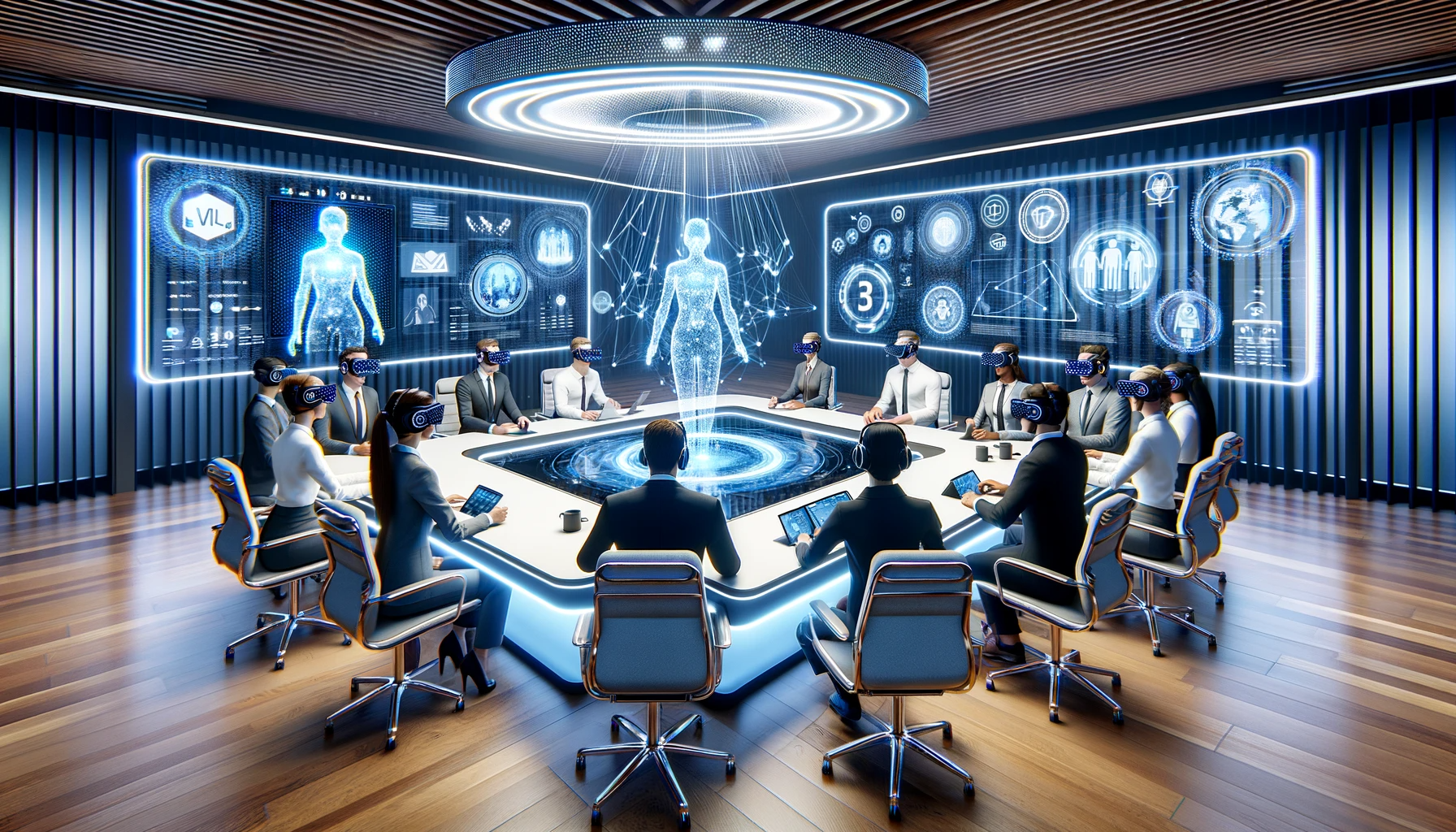 High-tech virtual meeting room with diverse avatars around a holographic table, featuring Microsoft Mesh interface and Microsoft Teams logos, symbolizing hybrid work.