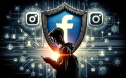 Image depicting a protective shield over Facebook and Instagram logos, with digital connections and a silhouette of a teen using a smartphone, symbolizing Meta's teen safety initiatives.