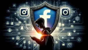 Image depicting a protective shield over Facebook and Instagram logos, with digital connections and a silhouette of a teen using a smartphone, symbolizing Meta's teen safety initiatives.