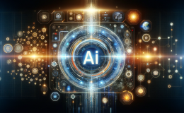 Futuristic AI interface featuring OpenAI's logo, with visual elements of AI models, data processing, and digital transformation.