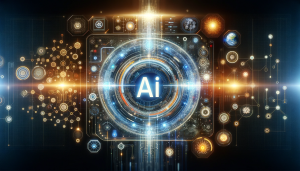 Futuristic AI interface featuring OpenAI's logo, with visual elements of AI models, data processing, and digital transformation.