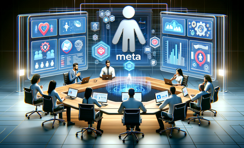 Virtual roundtable discussion featuring Meta's logo, researchers, and digital avatars focused on child safety online, with computers and data graphs in a digital world setting.