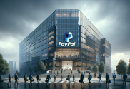 Realistic image of a corporate office building with the PayPal logo, showing subdued employees leaving under overcast skies, reflecting the impact of recent tech industry layoffs.