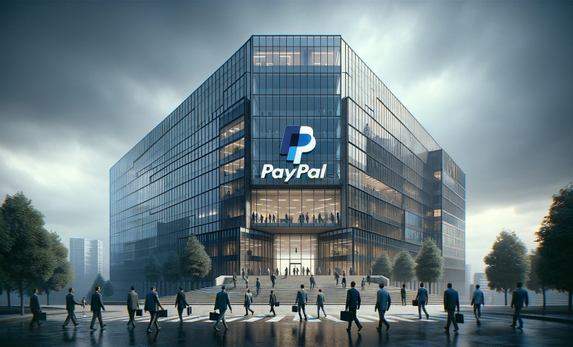 Realistic image of a corporate office building with the PayPal logo, showing subdued employees leaving under overcast skies, reflecting the impact of recent tech industry layoffs.
