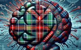 An image of an AI brain with wires coming out of it. The brain is tartan to represent Scottish Gaelic being used as a bypass on ChatGPT.