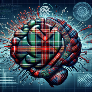 An image of an AI brain with wires coming out of it. The brain is tartan to represent Scottish Gaelic being used as a bypass on ChatGPT.