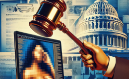 A conceptual illustration showing a symbolic representation of US lawmakers' efforts to combat deepfake pornography. The image features a large hand with a gavel clamping down on a tablet screen with a blurred out image of a woman on it which represents deep fakes.