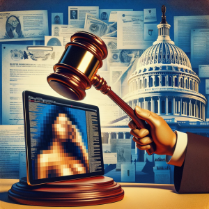 A conceptual illustration showing a symbolic representation of US lawmakers' efforts to combat deepfake pornography. The image features a large hand with a gavel clamping down on a tablet screen with a blurred out image of a woman on it which represents deep fakes.