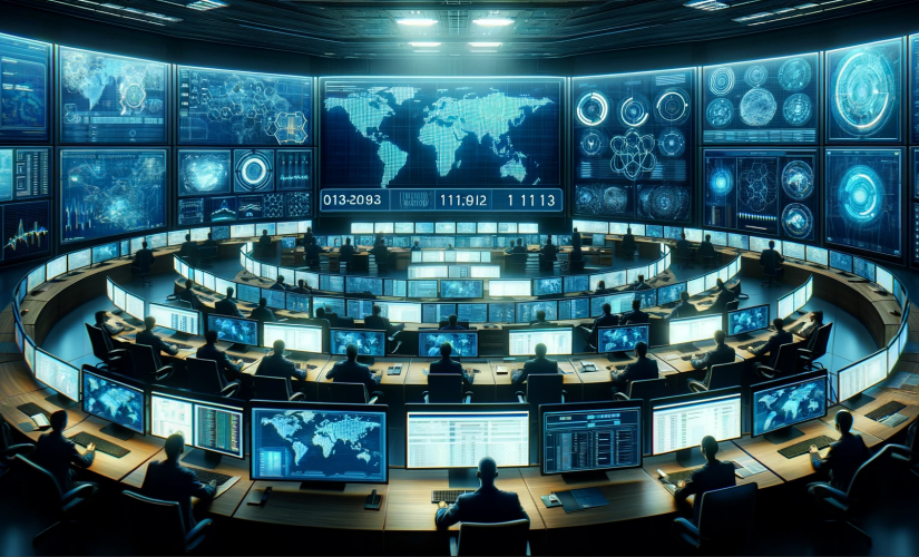 Image of a digital cybersecurity operations center, equipped with multiple screens displaying network data and maps, symbolizing the FBI's active monitoring against Chinese hacking threats.