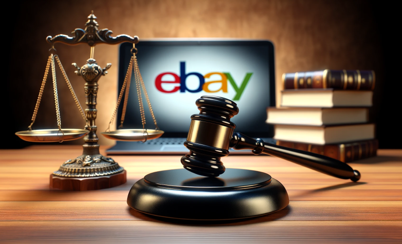 Image of a gavel and scale of justice on a wooden desk, with a blurred eBay logo in the background, representing eBay's legal settlement over pill press sales.