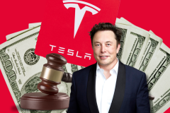 Elon Musk's $56 billion Tesla pay package has been tossed out by the court. Elon Musk wears a navy tuxedo blazer and white shirt, in front of Tesla logo, dollars and a judge's gavel