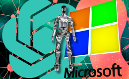 Figure AI in talks with Microsoft and OpenAI for funding. Figure-01 robot in front of OpenAI green logo, Microsoft blue, red, green, and yellow logo, and futuristic background