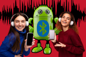 Google may update Bluetooth audio sharing on Android 15. Two young women with headphones hold cellphones in front of Android green robot and blue Bluetooth symbol. Black wavelength in the background.