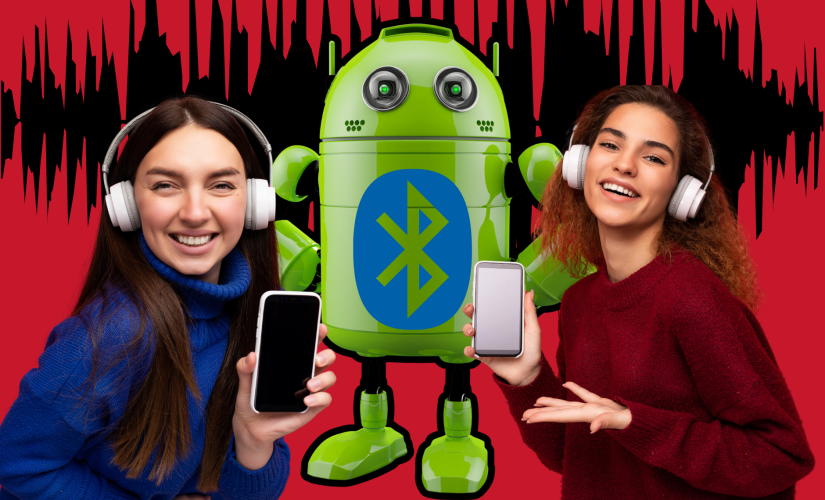 Google may update Bluetooth audio sharing on Android 15. Two young women with headphones hold cellphones in front of Android green robot and blue Bluetooth symbol. Black wavelength in the background.
