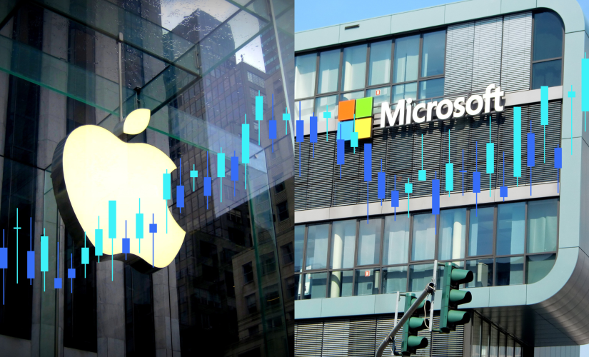 Microsoft surpasses $3 trillion market cap, as it advances in AI. Microsoft and Apple buildings next to each other with market graphic on top