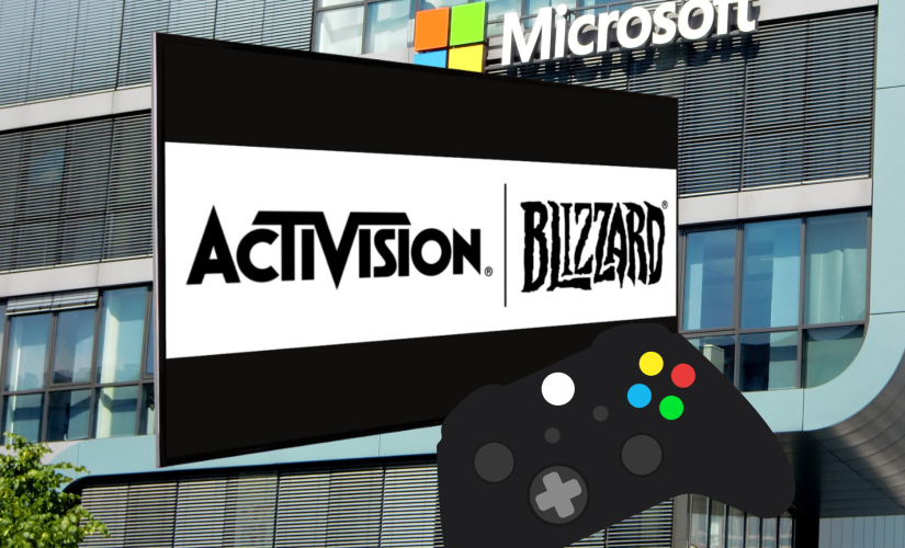 Microsoft's $2bn Xbox revenue surge after Activision Blizzard acquisition. Activision Blizzard logo on TV against an Xbox controller and in front of the Microsoft building.
