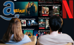 Netflix takes dig at Amazon over Prime Video ads plan. Man and woman watch Netflix and Amazon Prime Video apps