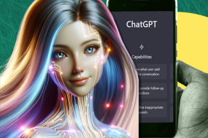 OpenAI's GPT marketplace overwhelmed by rule-breaking AI girlfriend bots. AI image of girl in front of ChatGPT app on phone