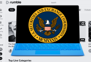 Rumble: 'active and ongoing' SEC investigation into video platform. Image of US SEC logo of eagle on blue circle and yellow outer circle inside laptop with black and white screenshot of Rumble platform.