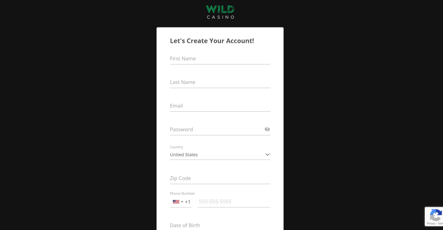 wild casino registration form screenshot