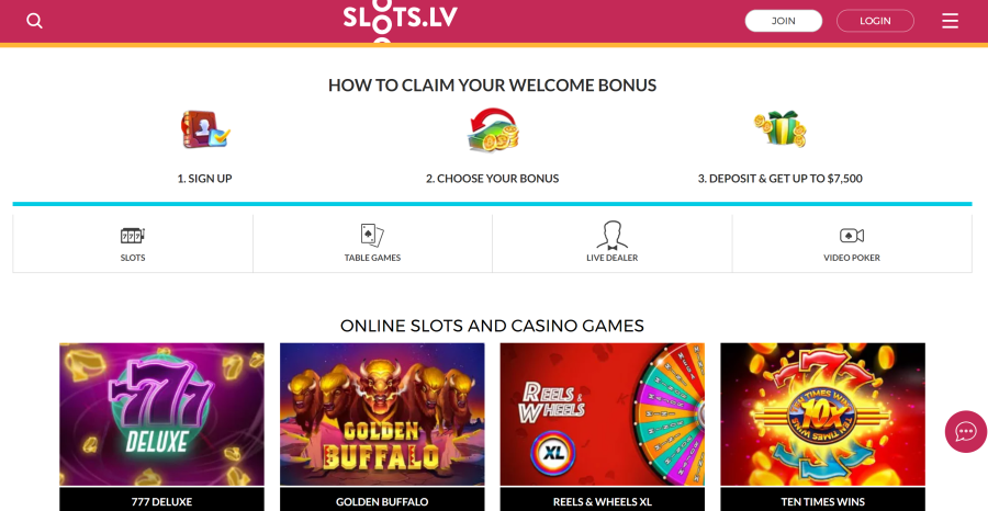 slots.lv casino home page screenshot