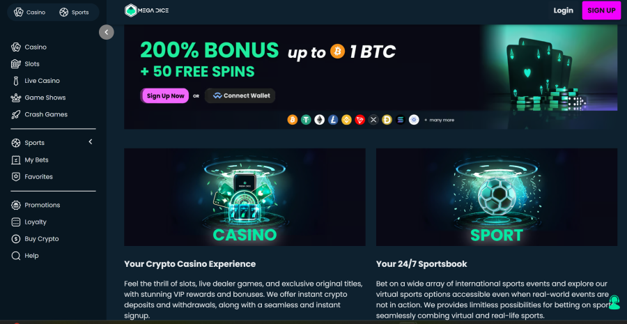 Megadice casino homepage