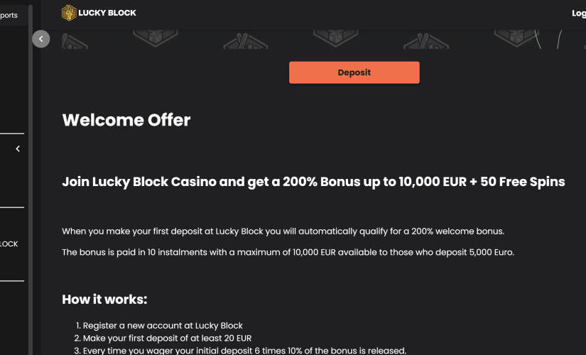 Lucky Block casino welcome bonus - 100% welcome bonus