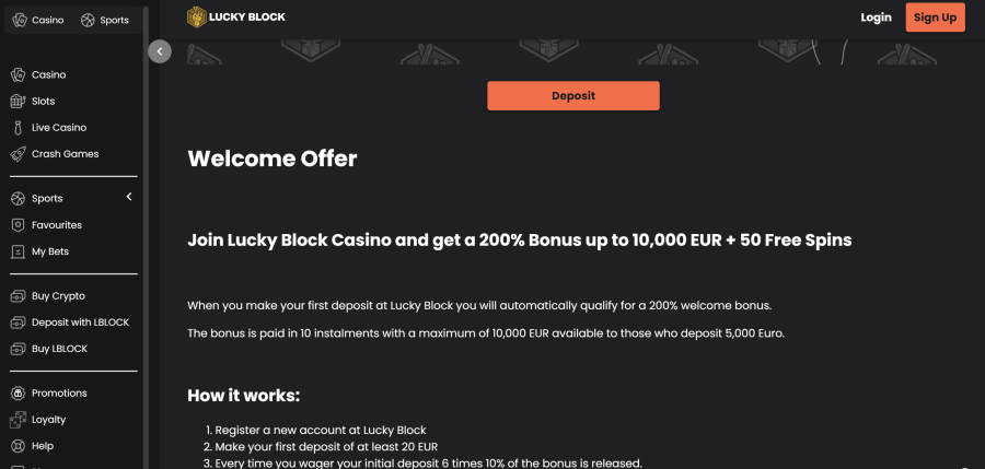Lucky Block casino welcome bonus