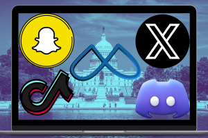 Social media bosses face US Senate over online child safety. Laptop screen with social media logos Snap, TikTok, Meta, X, and Discord in front of blue tinted US Senate building