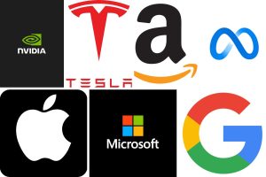 A collage featuring logos from the world's biggest tech companies: Nvidia, Tesla, Amazon, Meta, Apple, Microsoft and Google