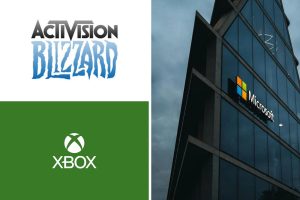A composite image showing a Microsoft office building next to Activision Blizzard and Xbox logos.