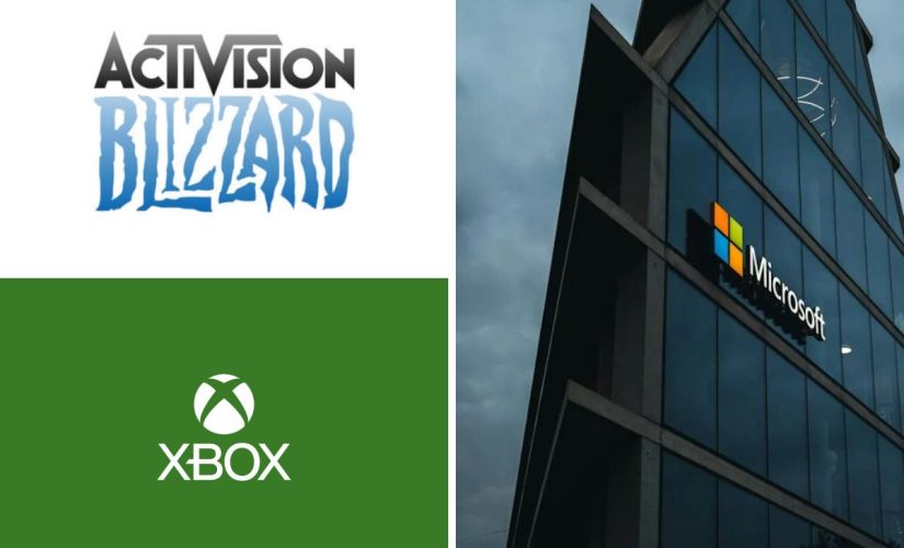 A composite image showing a Microsoft office building next to Activision Blizzard and Xbox logos.