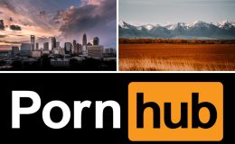 A three piece image with a shot of Charlotte, North Carolina, a Montana landscape and the Pornhub logo.