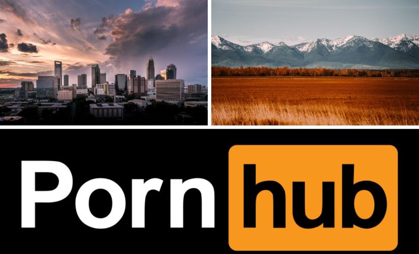 A three piece image with a shot of Charlotte, North Carolina, a Montana landscape and the Pornhub logo.
