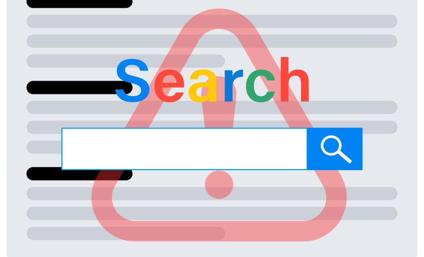 Why Google search appears to be getting worse. Google search bar in front of red warning sign and blanked out search results.