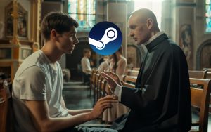 An badly AI generated image of somebody confessing to a priest about using AI